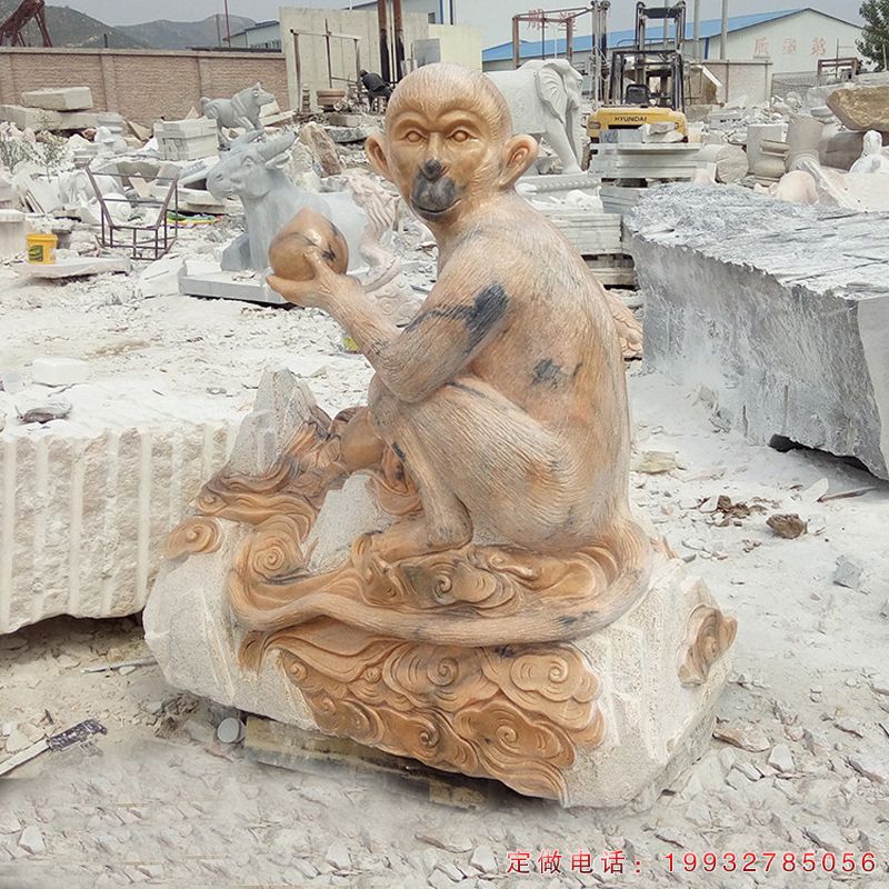 晚霞红拿桃的猴子动物石雕（5）