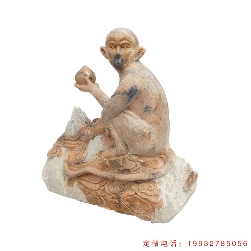晚霞红拿桃的猴子动物石雕（4）