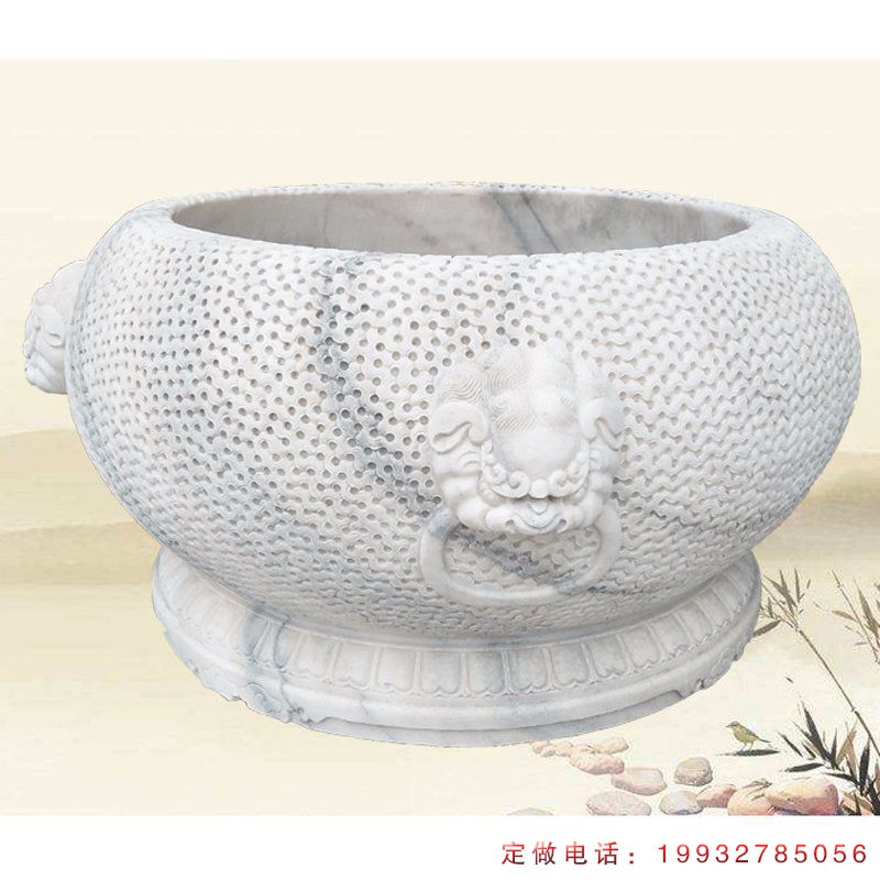 狴犴头像浮雕水缸 汉白玉圆形荷花缸石雕 (2)