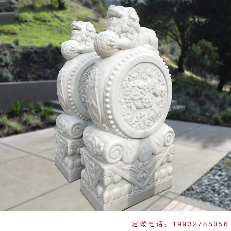 草白玉麒麟浮雕抱鼓石 门口门墩石雕 (4)